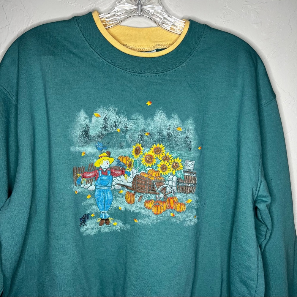 Country Store Scarecrow Harvest Fall Teal Inset Collar Pullover Crewneck Sweater - Picture 3 of 8